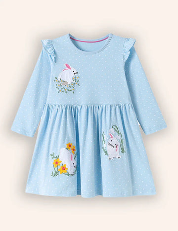 Cute Bunnies Appliqué Long Sleeves Dress